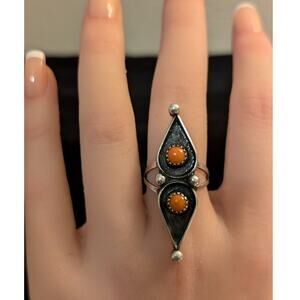 Vintage Southwestern Zuni Red Coral Snake Eyes Elongated Ring Size 6.25